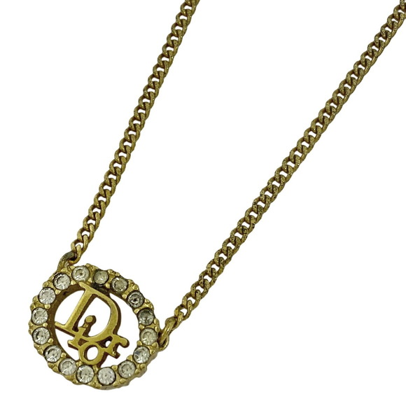 Christian Dior Logo Rhinestone Necklace Oval GP Gold - Picture 1 of 4